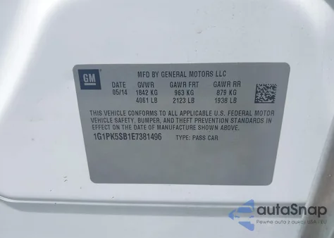 2014 Chevrolet Cruze Lt из США, поврежденный, VIN 1G1PK5SB1E7381496